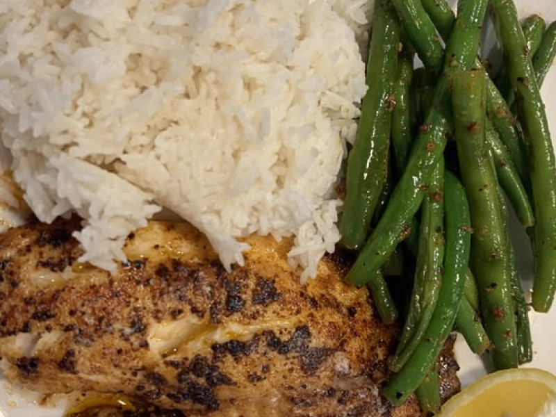 Grilled tilapia, rice & greens