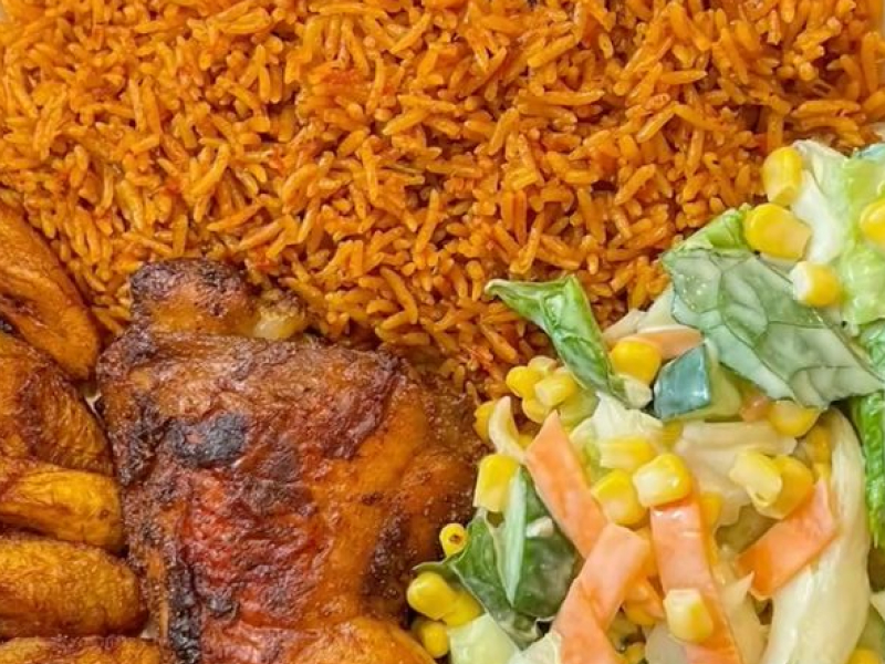 Jollof rice, grilled chicken & salad