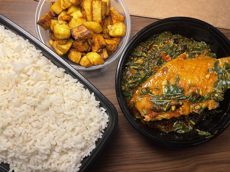 Grilled turkey, rice & efo